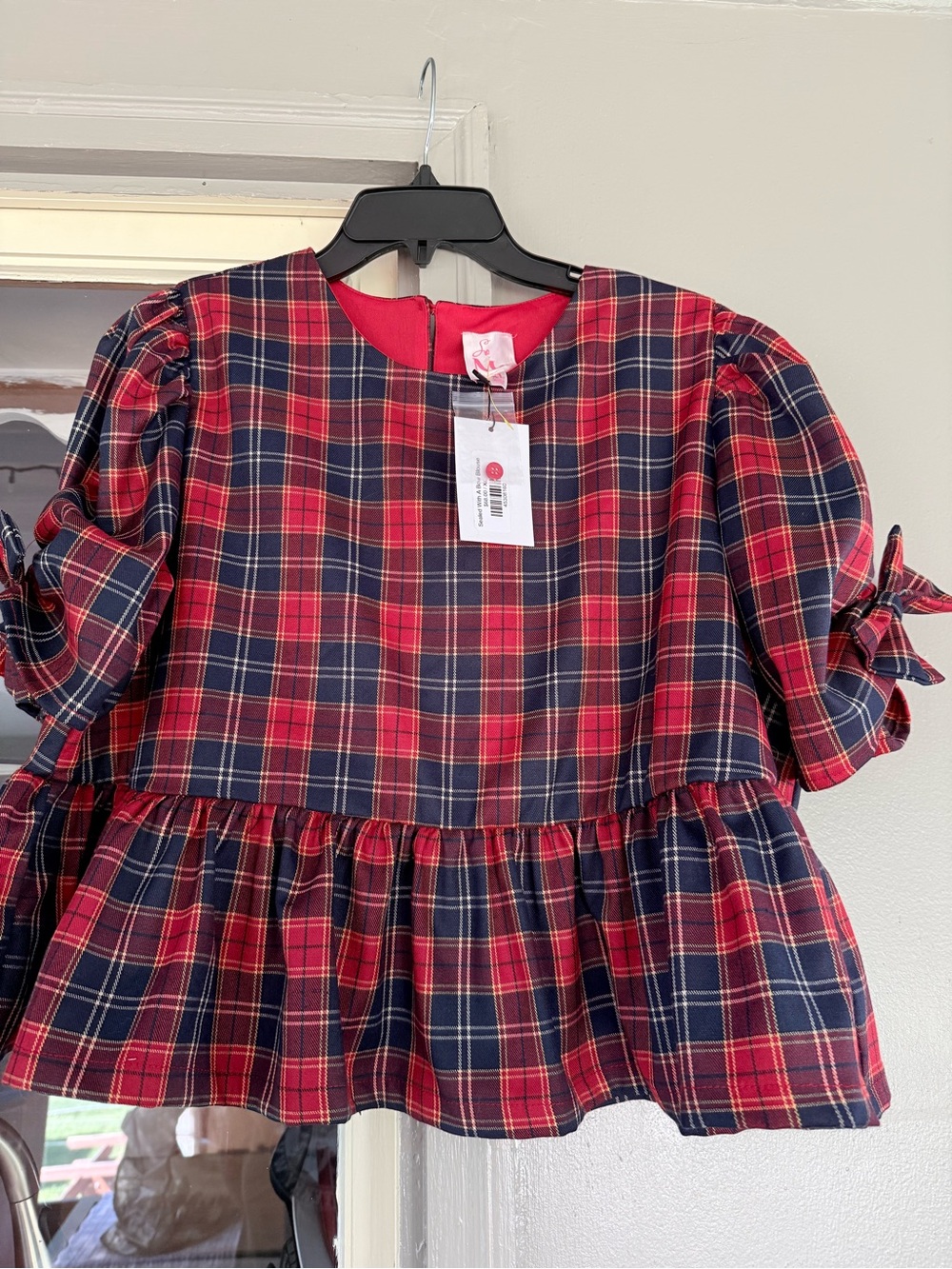 So Me Red & Navy Plaid Peplum Blouse